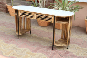 OVAL - Bureau en bois de manguier avec plateau en marbre