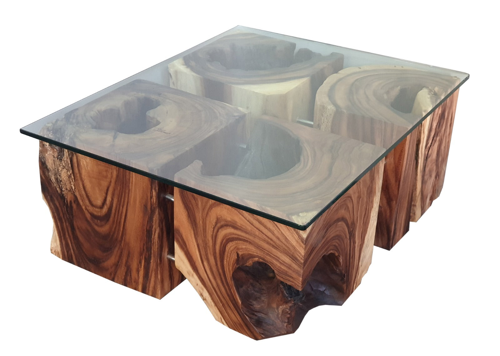 Table basse cubique, bois de chamois, surface en verre