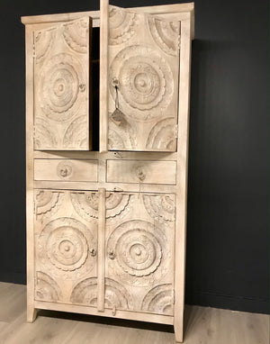 Ganesh 4 doors Carved cabinet white wash