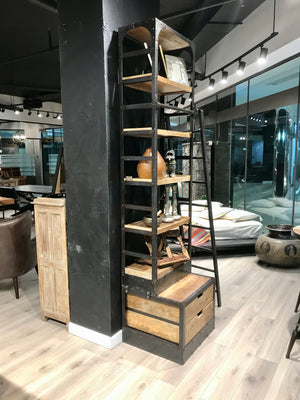 Industrial Single Hutch Style Bookcase with Ladder