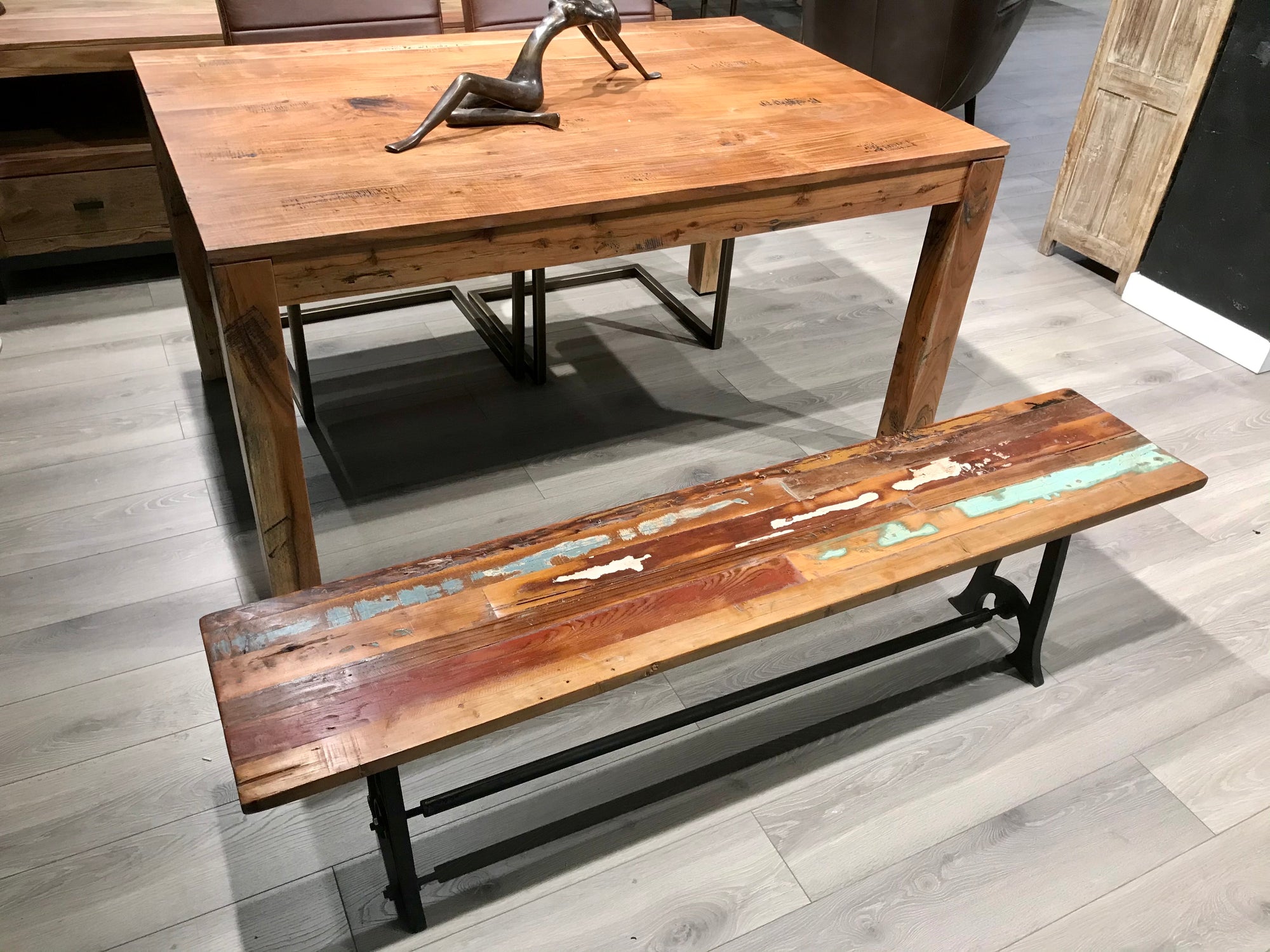 Solid Reclaimed Wood Bench  with Cast Iron legs