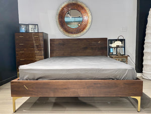 ADAMA- SOLID WOOD KING BED- DARK BROWN WITH BRASS LEGS